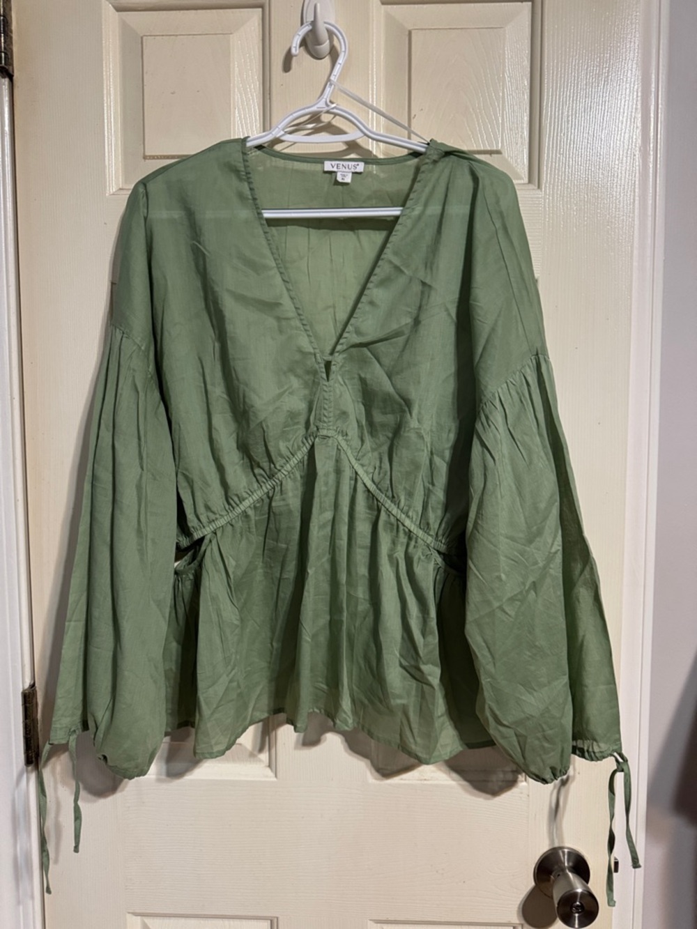 VENUS Olive Peplum V-Neck Long Sleeve Blouse